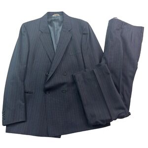 vtg 70s Oleg Cassini 46L 46x34 2pc Pant Suit Double Breasted Navy Blue‎ Stripe